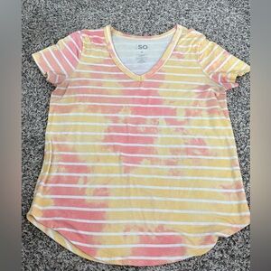 SO Pink and Yellow Striped V-Neck Tee